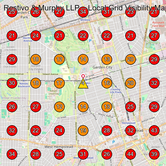 Restivo & Murphy LLP GeoGrid visibility map for Law Firm in Hempstead